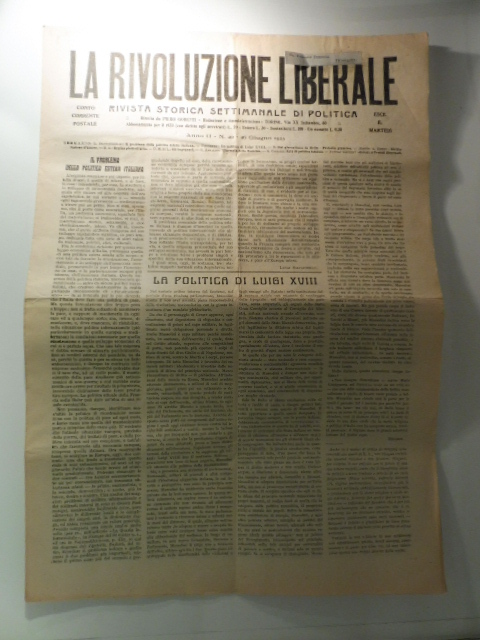 La rivoluzione liberale. Rivista storica settimanale di politica, anno II, n. 20, 26 giugno 1923